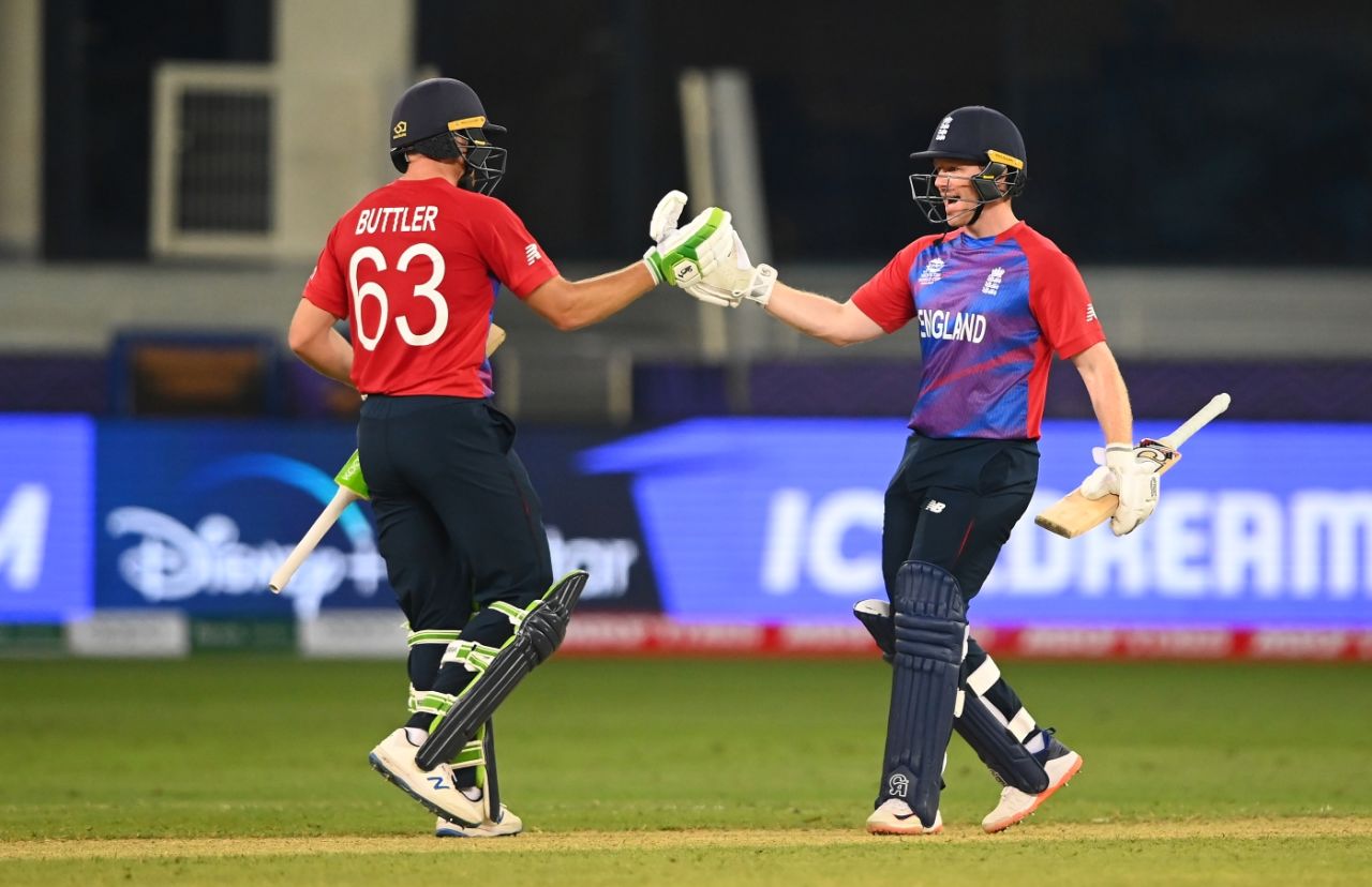Jos Buttler and Eoin Morgan celebrate victory, England vs West Indies, Men's T20 World Cup 2021, Super 12s, Dubai, October 23, 2021