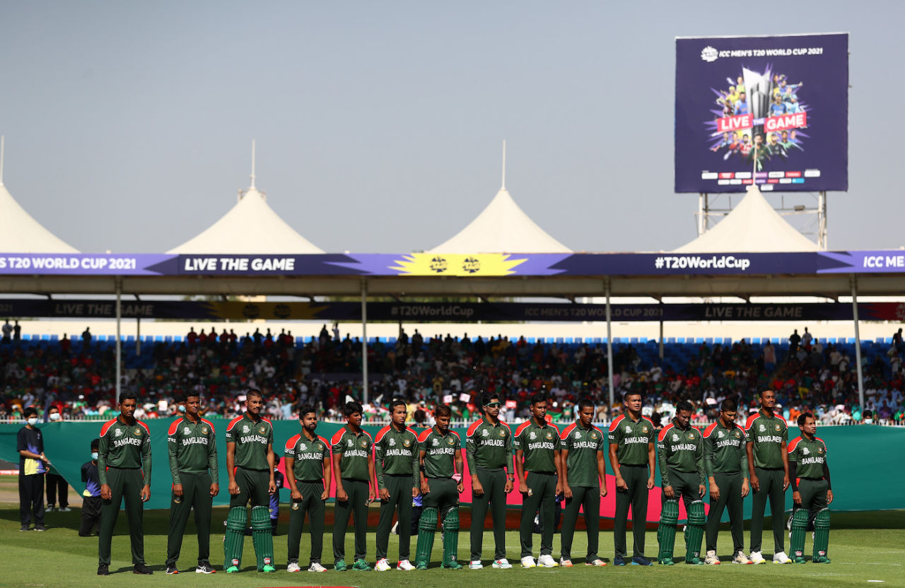The Bangladesh players line up as their national anthem is played, Bangladesh vs Sri Lanka, T20 World Cup, Group 1, Sharjah, October 24, 2021