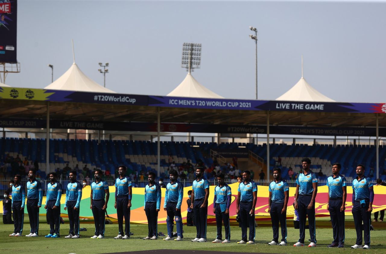 The Sri Lanka players as their national anthem is played, Bangladesh vs Sri Lanka, T20 World Cup, Group 1, Sharjah, October 24, 2021