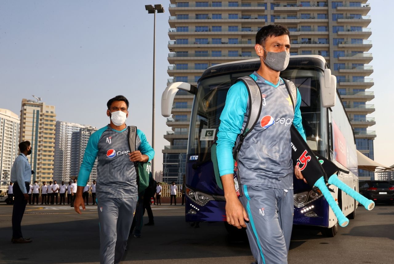 Game face on: Shoaib Malik and Mohammad Hafeez arrive for the match against India, India vs Pakistan, Men's T20 World Cup 2021, Super 12s, Dubai, October 24, 2021