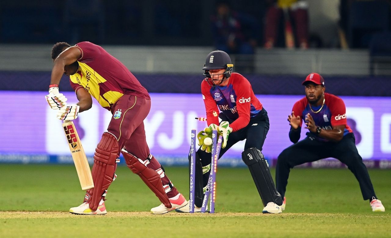 Defences breached: Andre Russell is bowled, England vs West Indies, Men's T20 World Cup 2021, Super 12s, Dubai, October 23, 2021