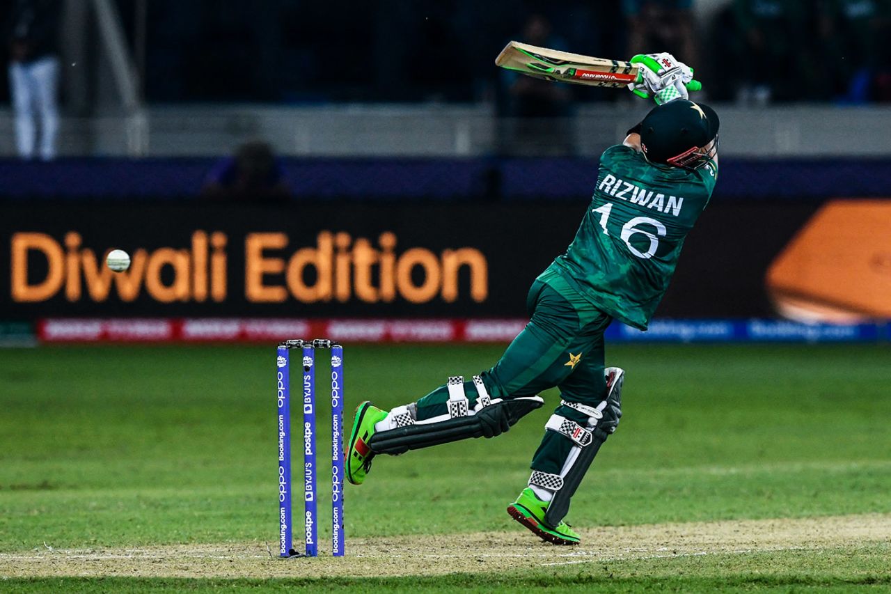 Mohammad Rizwan plays a shot, India vs Pakistan, Men's T20 World Cup 2021, Super 12s, Dubai, October 24, 2021