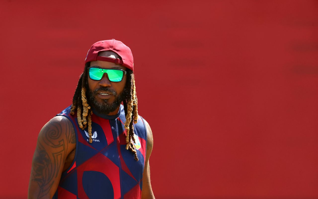 Chris Gayle looks on during West Indies' pre-game warm-up drill, South Africa vs West Indies, T20 World Cup, Group 1, Dubai, October 26, 2021