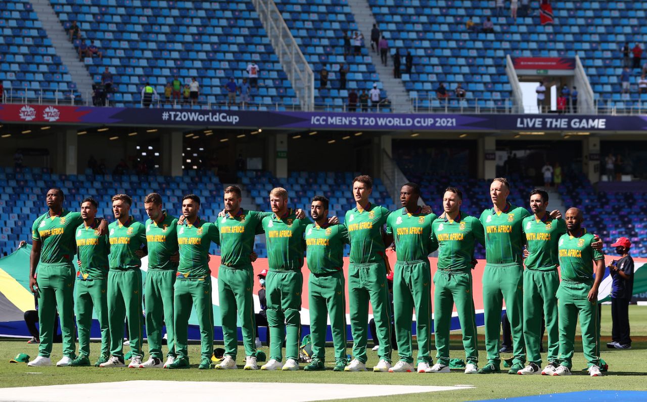 The South Africa players line up for their national anthem, South Africa vs West Indies, T20 World Cup, Group 1, Dubai, October 26, 2021