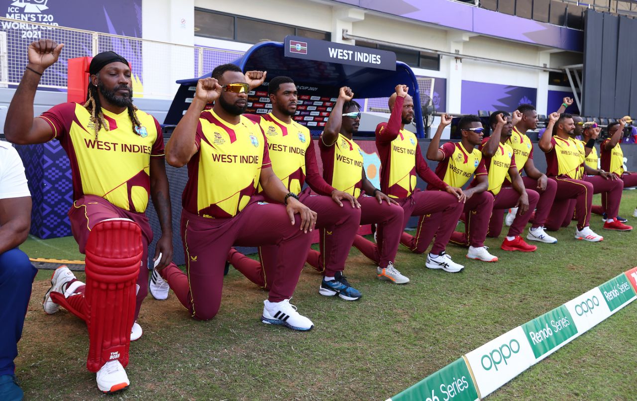 The West Indies players take a knee in support of the BLM movement before the start of the game, South Africa vs West Indies, T20 World Cup, Group 1, Dubai, October 26, 2021
