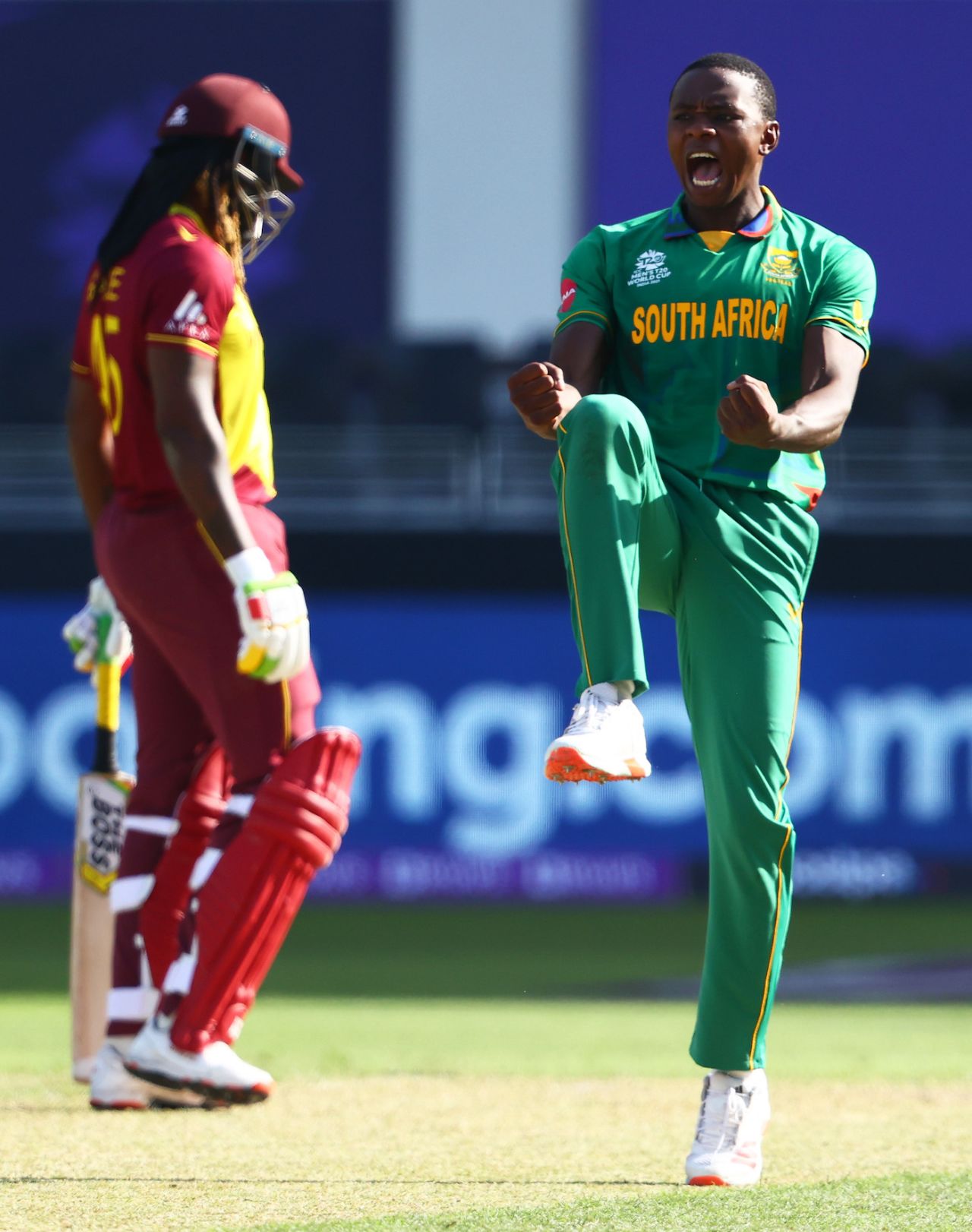 Kagiso Rabada is over the moon after sending back Lendl Simmons, South Africa vs West Indies, T20 World Cup, Group 1, Dubai, October 26, 2021