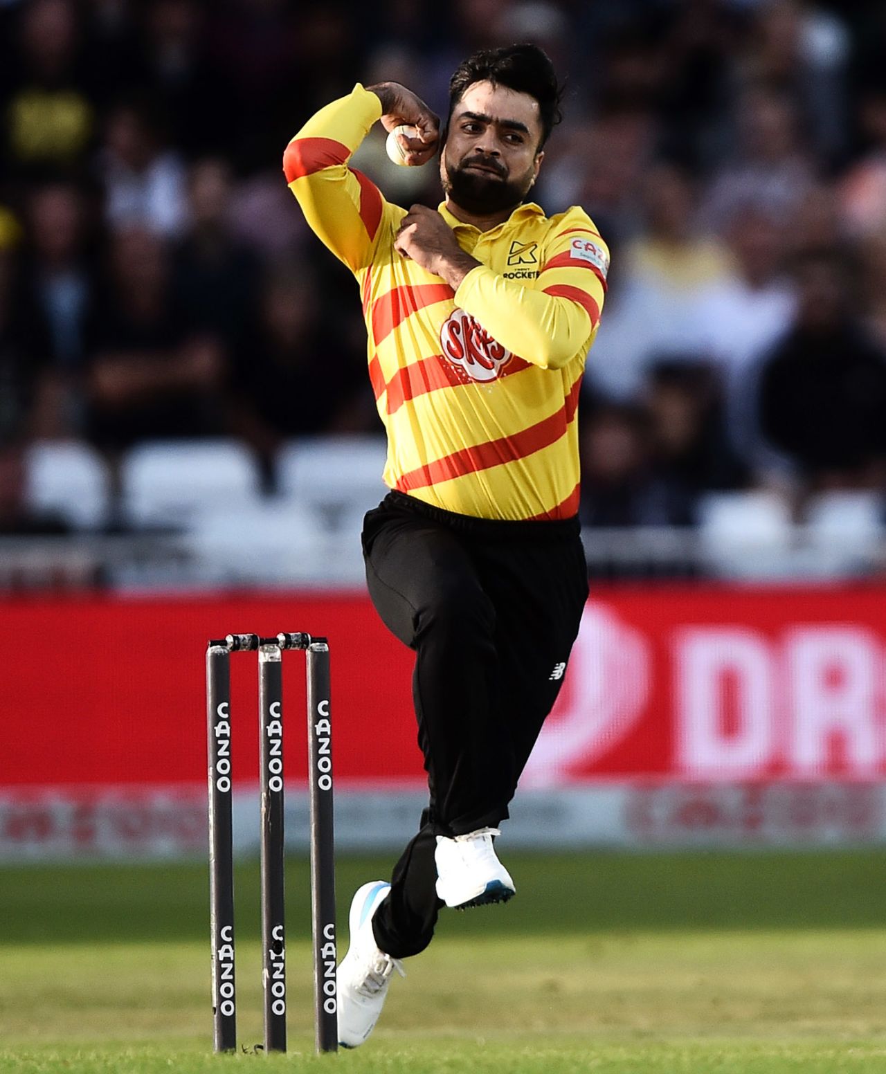 Rashid Khan bowls, Trent Rockets vs Birmingham Phoenix, The Hundred, Trent Bridge, August 13, 2021