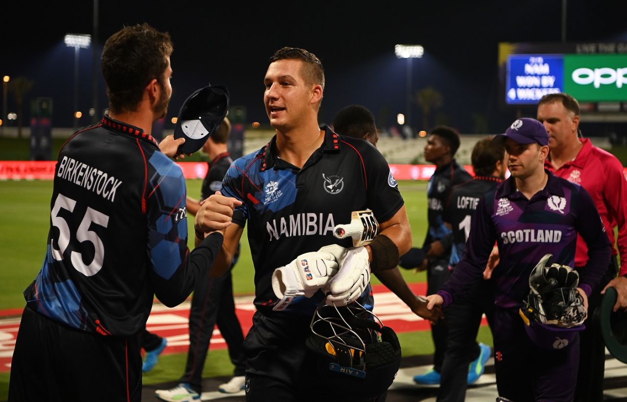 JJ Smit and Karl Birkenstock greet each other after Namibia beat Scotland, Scotland vs Namibia, T20 World Cup 2021, Group 2, Abu Dhabi, October 27, 2021