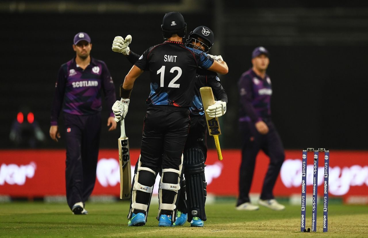 Pikky Ya France and JJ Smit embrace after the latter hit the winning six, Scotland vs Namibia, T20 World Cup 2021, Group 2, Abu Dhabi, October 27, 2021
