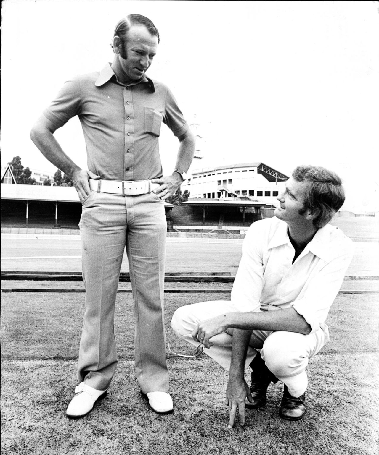 Doug Walters and Ashley Mallett inspect the SCG pitch, Sydney, January 3, 1975