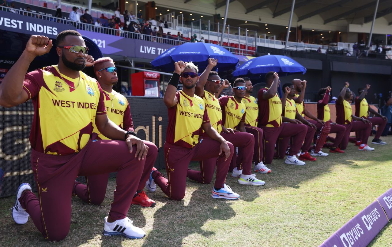 The West Indian players take a knee before the start of the game, Bangladesh vs West Indies, T20 World Cup, Group 1, Sharjah, October 29, 2021