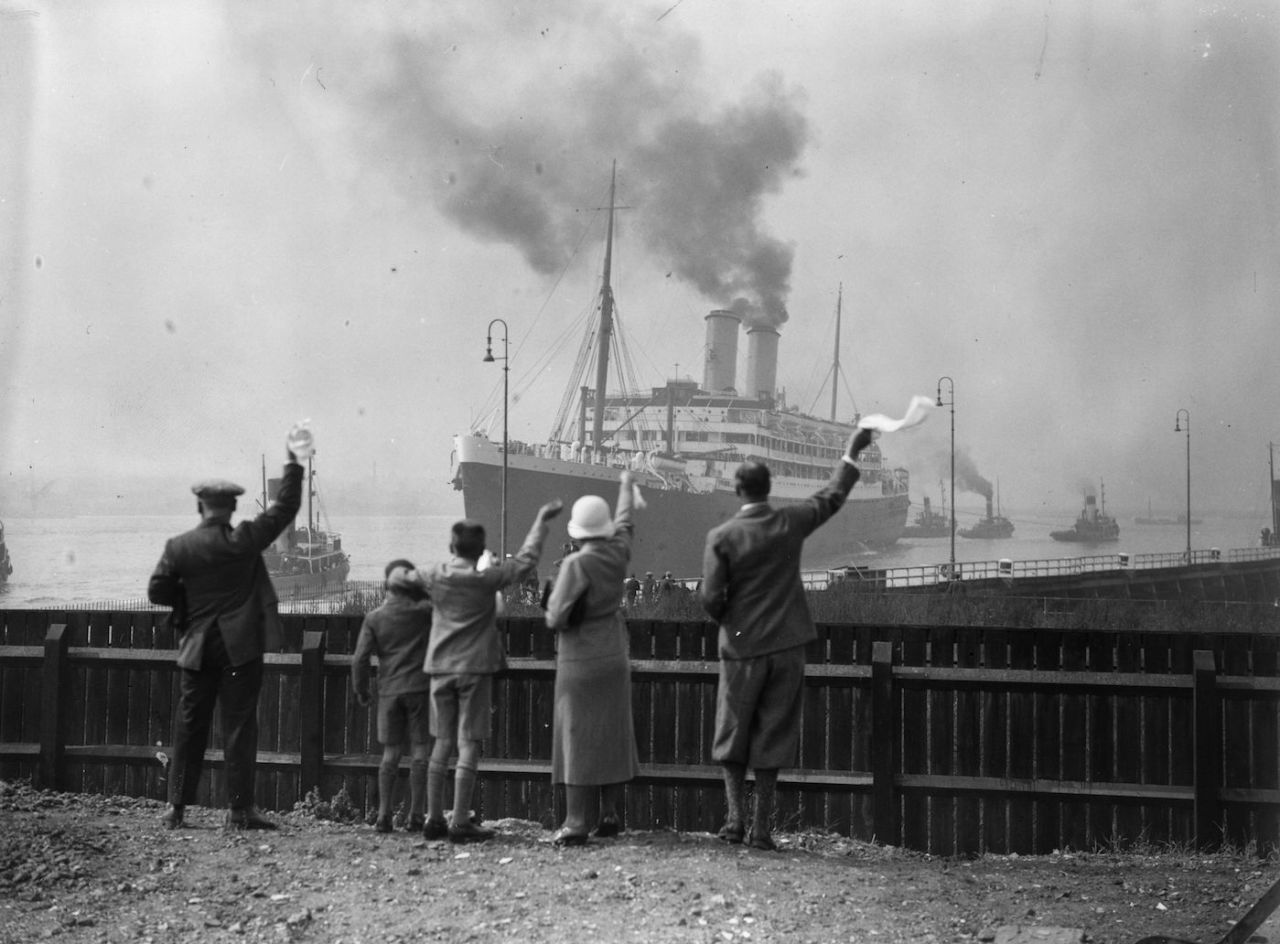Well-wishers wave goodbye to Douglas Jardine and the other members of the MCC as they set sail from Tilbury to Australia on the Orient liner Orontes, September 17, 1932