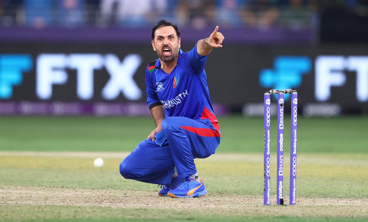 Mohammad Nabi appeals - successfully - for the wicket of Fakhar Zaman, Afghanistan vs Pakistan, T20 World Cup, Group 2, Dubai, October 29, 2021
