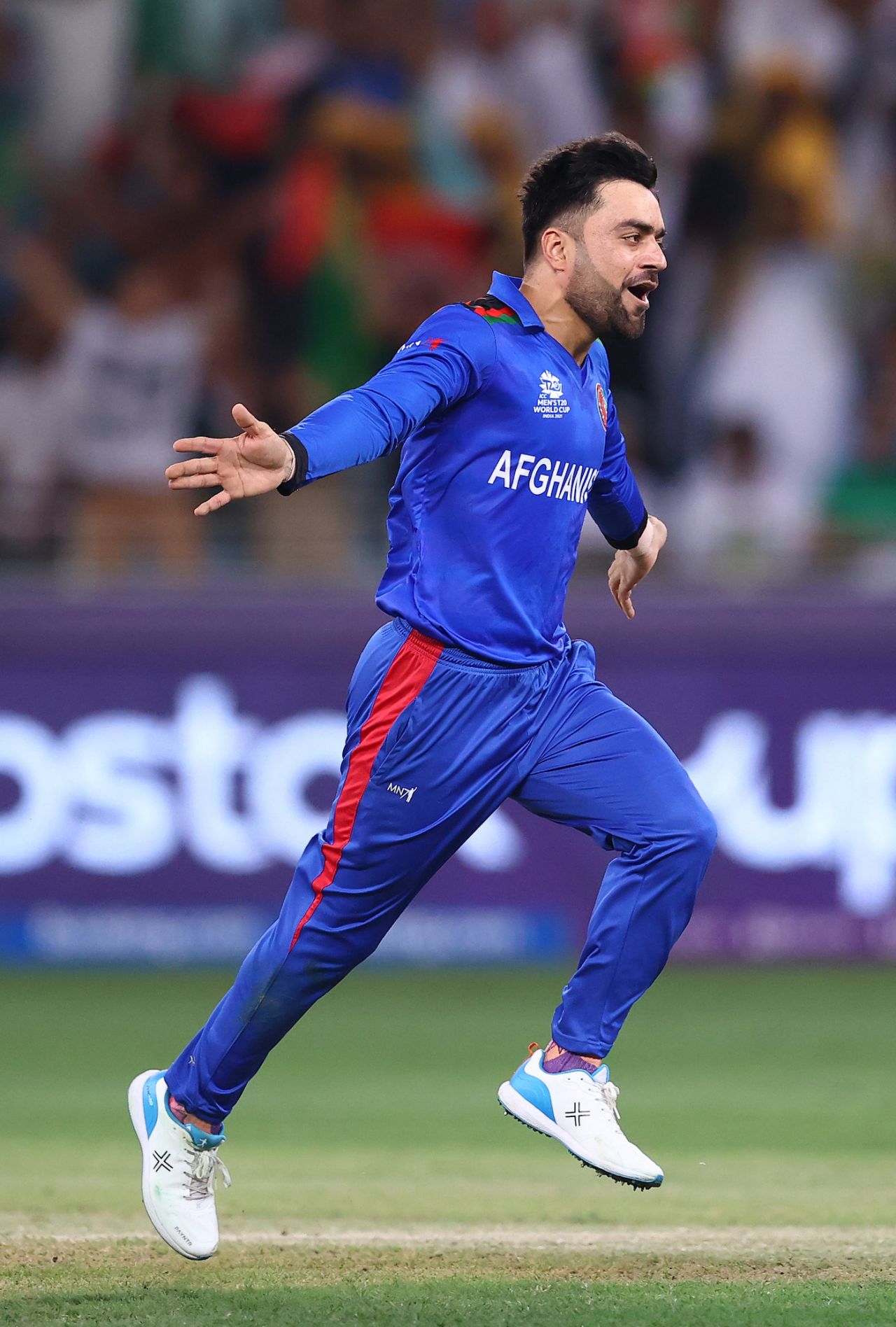Rashid Khan takes off in celebration, Afghanistan vs Pakistan, T20 World Cup, Group 2, Dubai, October 29, 2021