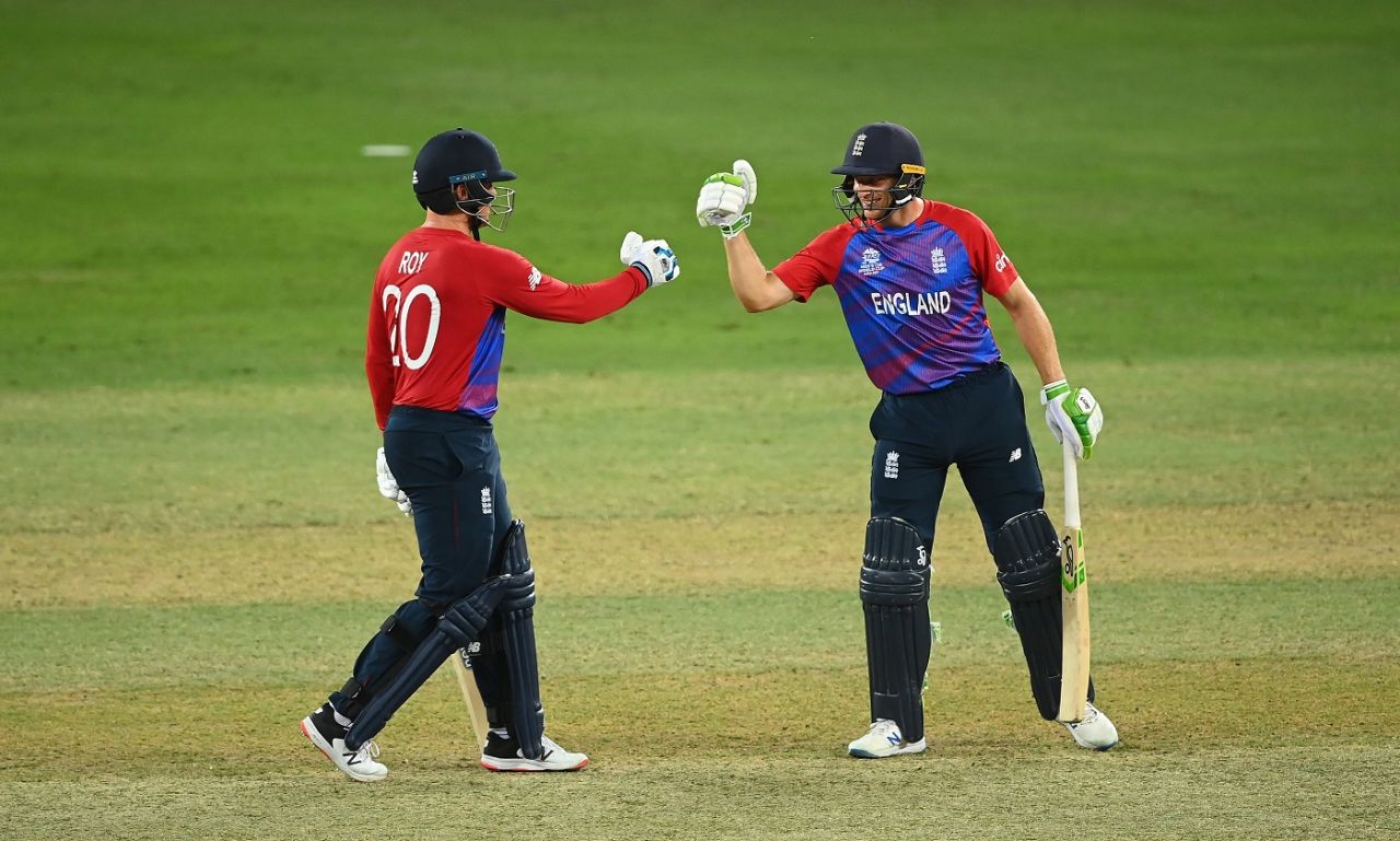 Jason Roy and Jos Buttler bump fists, Australia vs England, T20 World Cup, Group 1, Dubai, October 30, 2021