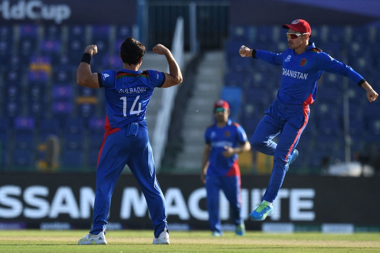 Gulbadin Naib flexes his muscles after taking a wicket, Afghanistan vs Namibia, T20 World Cup, Group 2, Abu Dhabi, October 31, 2021