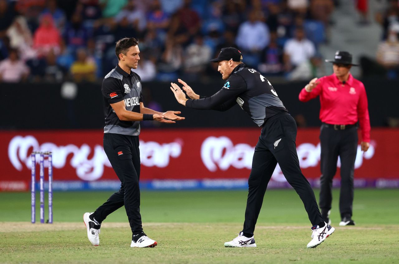 Trent Boult and Martin Guptill celebrate a wicket, India vs New Zealand, T20 World Cup, Group 2, Dubai, October 31, 2021