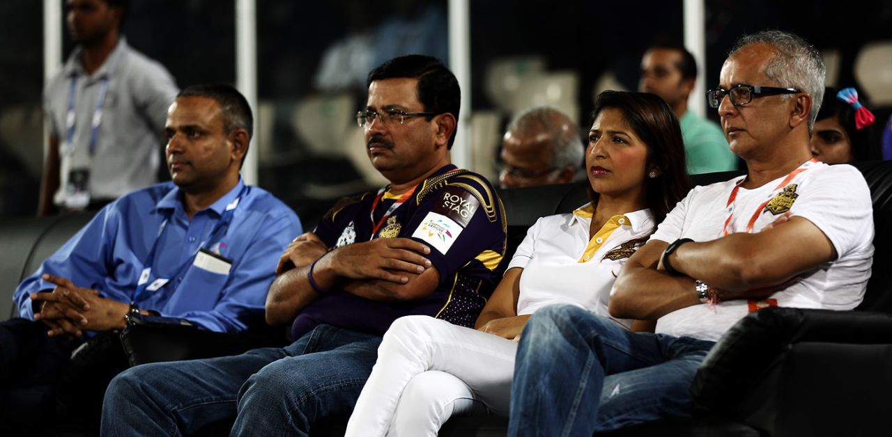 IPL COO Sundar Raman (left) watches the match with Venky Mysore (second from left) and Jay Mehta (right) of the Kolkata Knight Riders management, Cape Cobras v Hobart Hurricanes, Champions League T20, Hyderabad, September 21, 2014