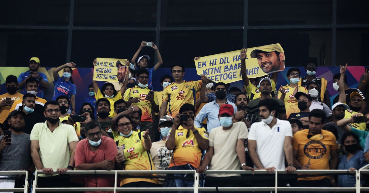 Chennai Super Kings' fans show their support with MS Dhoni posters, Chennai Super Kings vs Kolkata Knight Riders, IPL 2021 final, Dubai, October 15, 2021