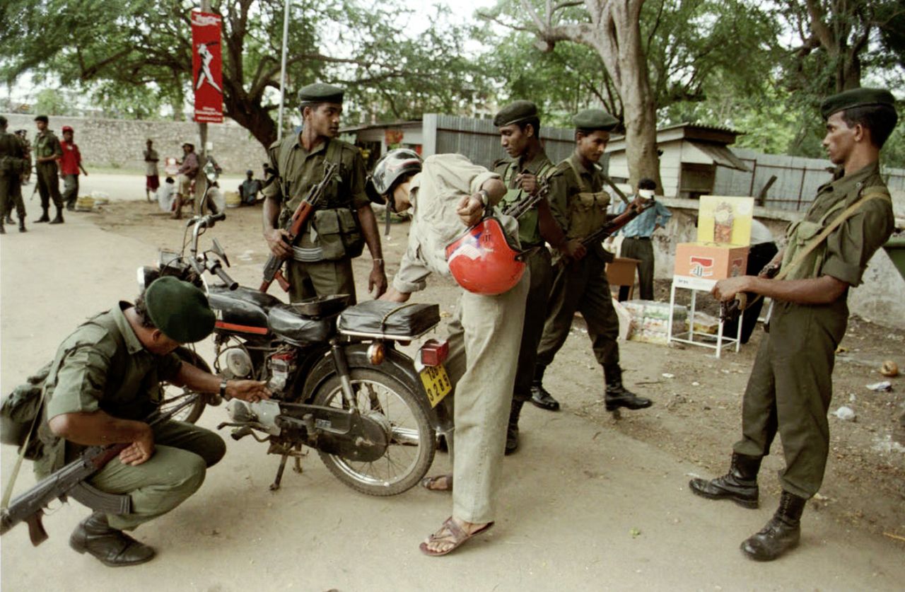 Sri Lankan soldiers check a motorcycle outside the SCC, Sri Lanka v Zimbabwe, World Cup, Colombo, February 21, 1996