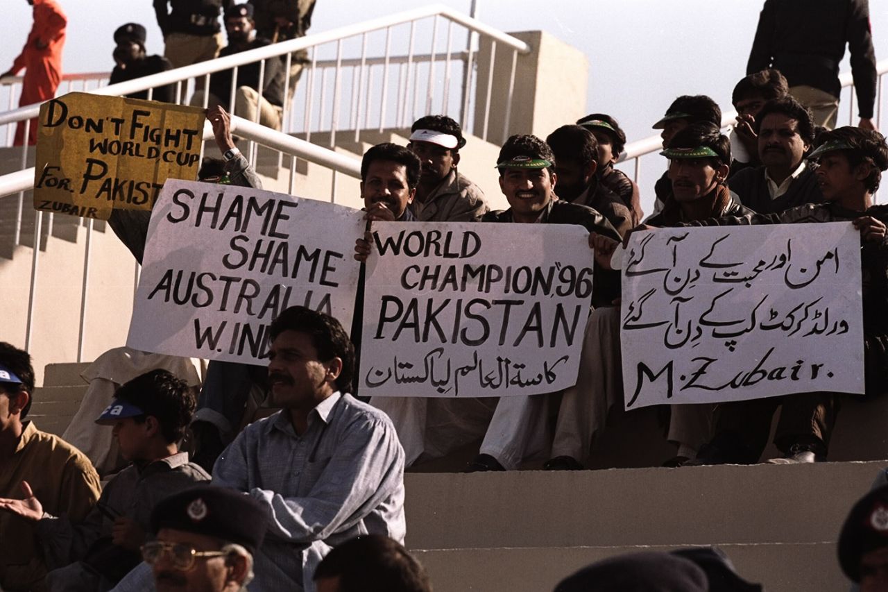 Spectators hold up posters during the South Africa-UAE match, South Africa v United Arab Emirates, Rawalpindi, Feb 16, 1996