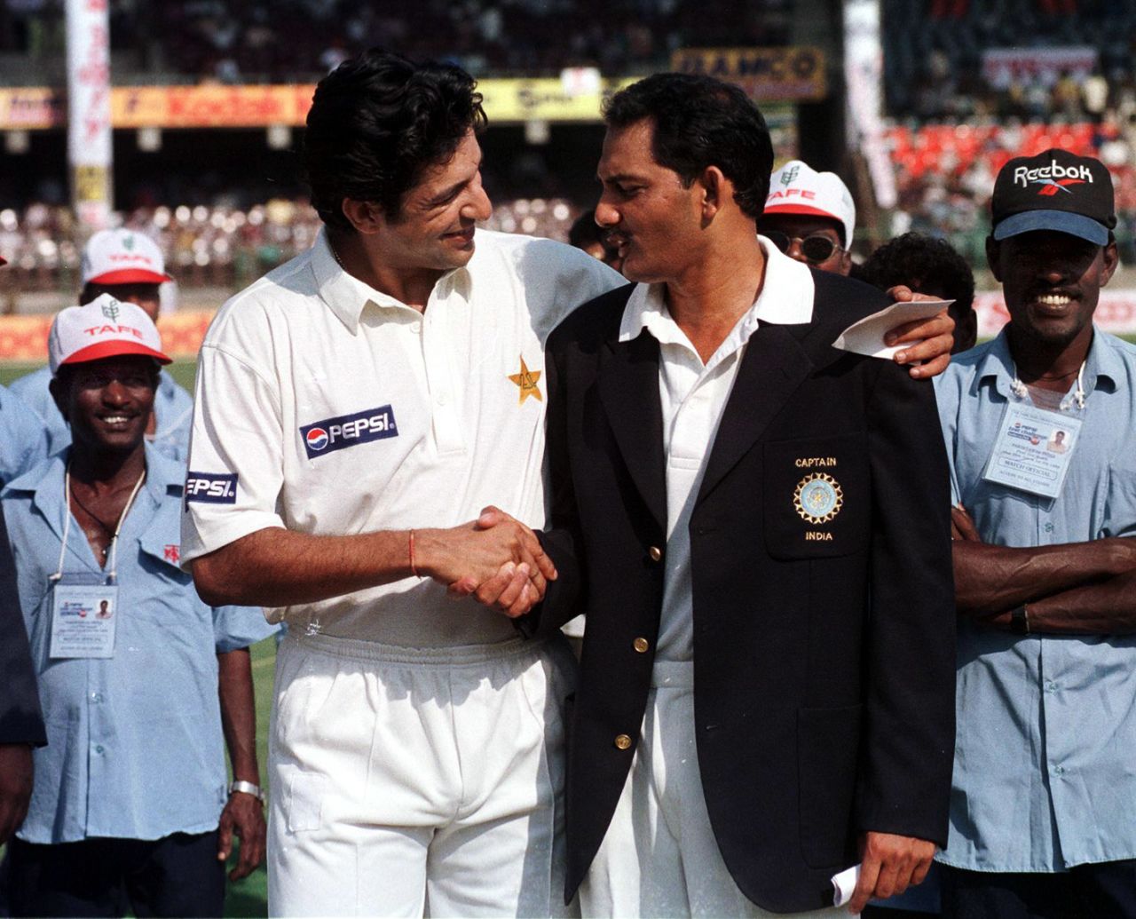 Rival captains Wasim Akram and Mohammad Azharuddin shake hands at the toss, India v Pakistan, 3rd Test, Chennai, 1st day, January 28, 1999