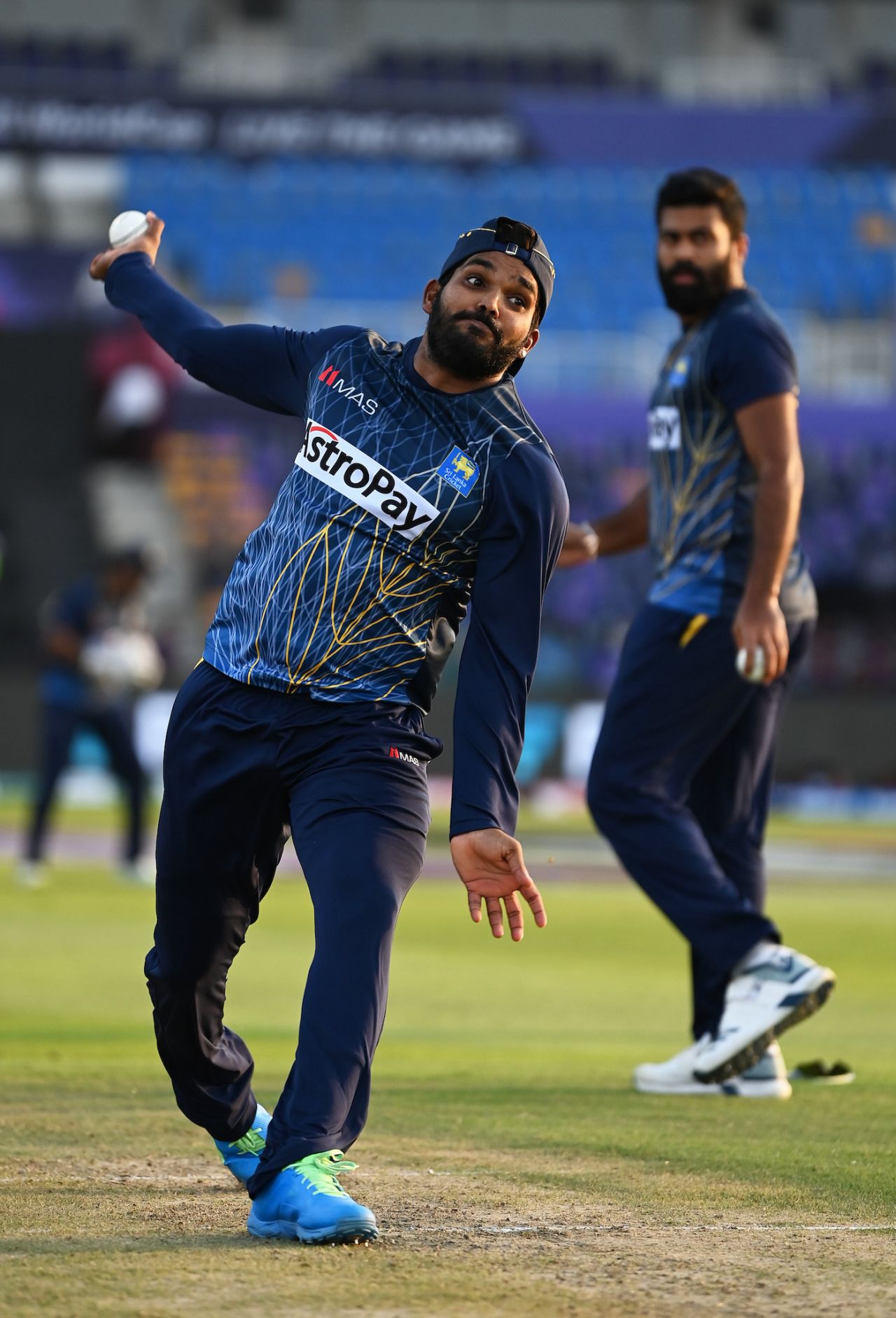 Wanindu Hasaranga has a bowl before the start of the game, Sri Lanka vs West Indies, T20 World Cup, Group 1, Abu Dhabi, November 4, 2021