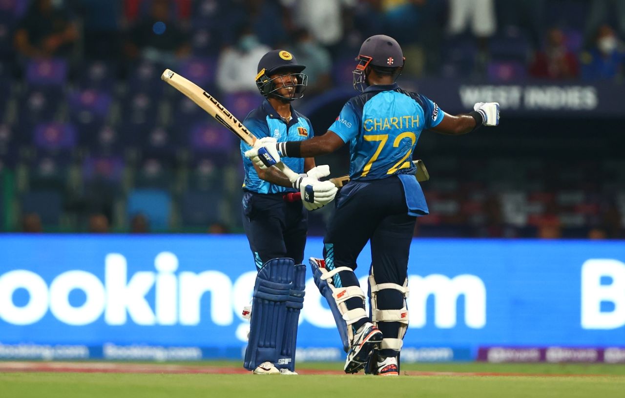Pathum Nissanka gets a hug from Charith Asalanka after getting to fifty, Sri Lanka vs West Indies, Men's T20 World Cup 2021, Super 12s, Abu Dhabi, November 4, 2021