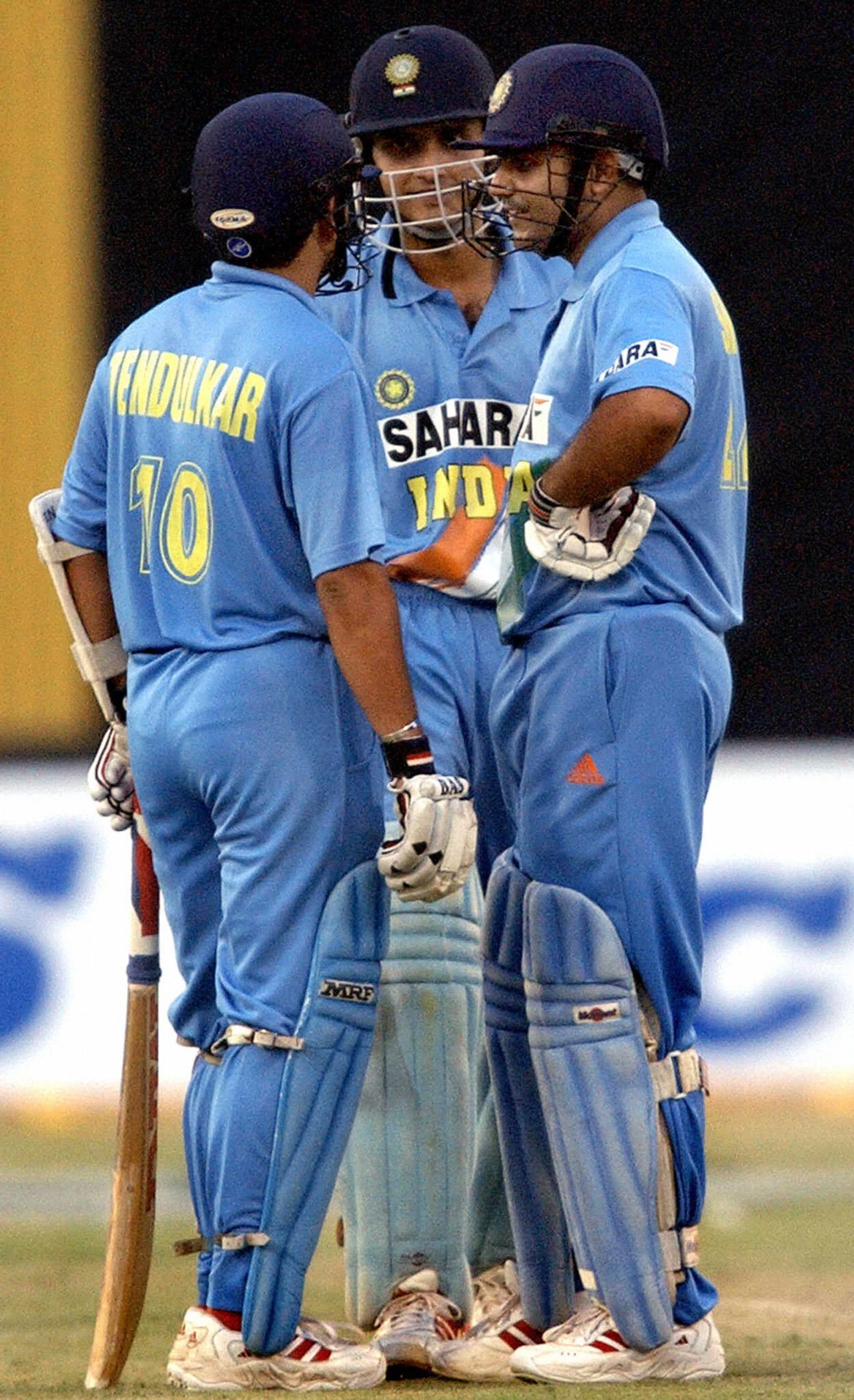 Sachin Tendulkar, Sourav Ganguly and Virender Sehwag have a discussion, India v New Zealand, TVS Cup, Hyderabad, November 15, 2003