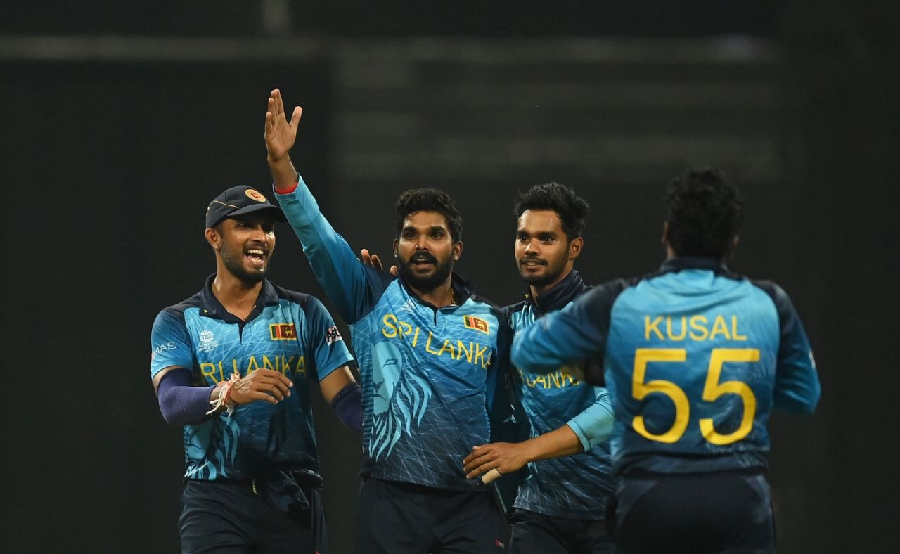 Sri Lanka celebrate after Wanindu Hasaranga bowls Kieron Pollard for a duck, Sri Lanka vs West Indies, Men's T20 World Cup 2021, Super 12s, Abu Dhabi, November 4, 2021