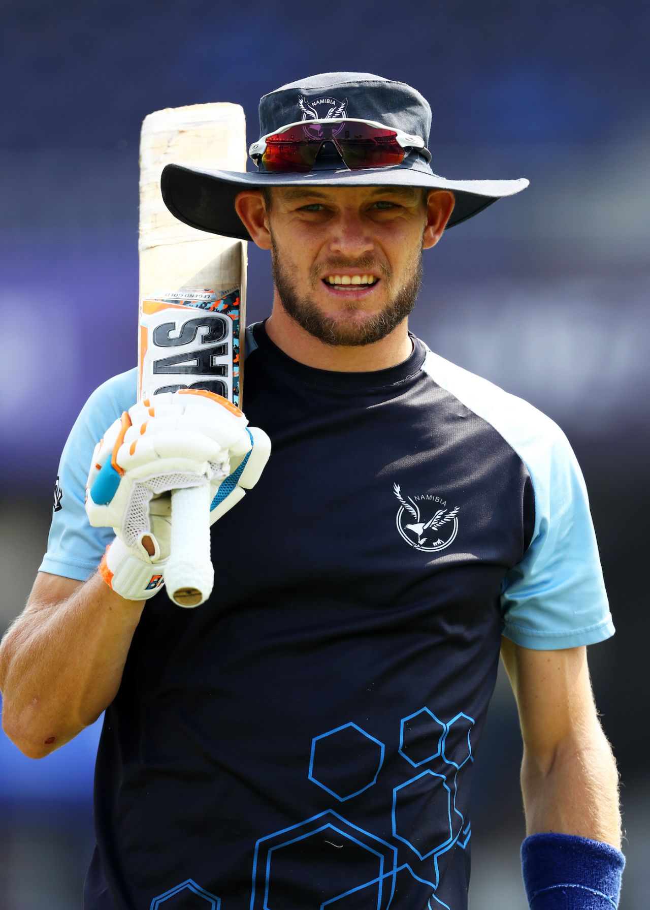 Gerhard Erasmus gets ready for a hit before the game, Namibia vs New Zealand, T20 World Cup, Group 2, Sharjah, November 5, 2021