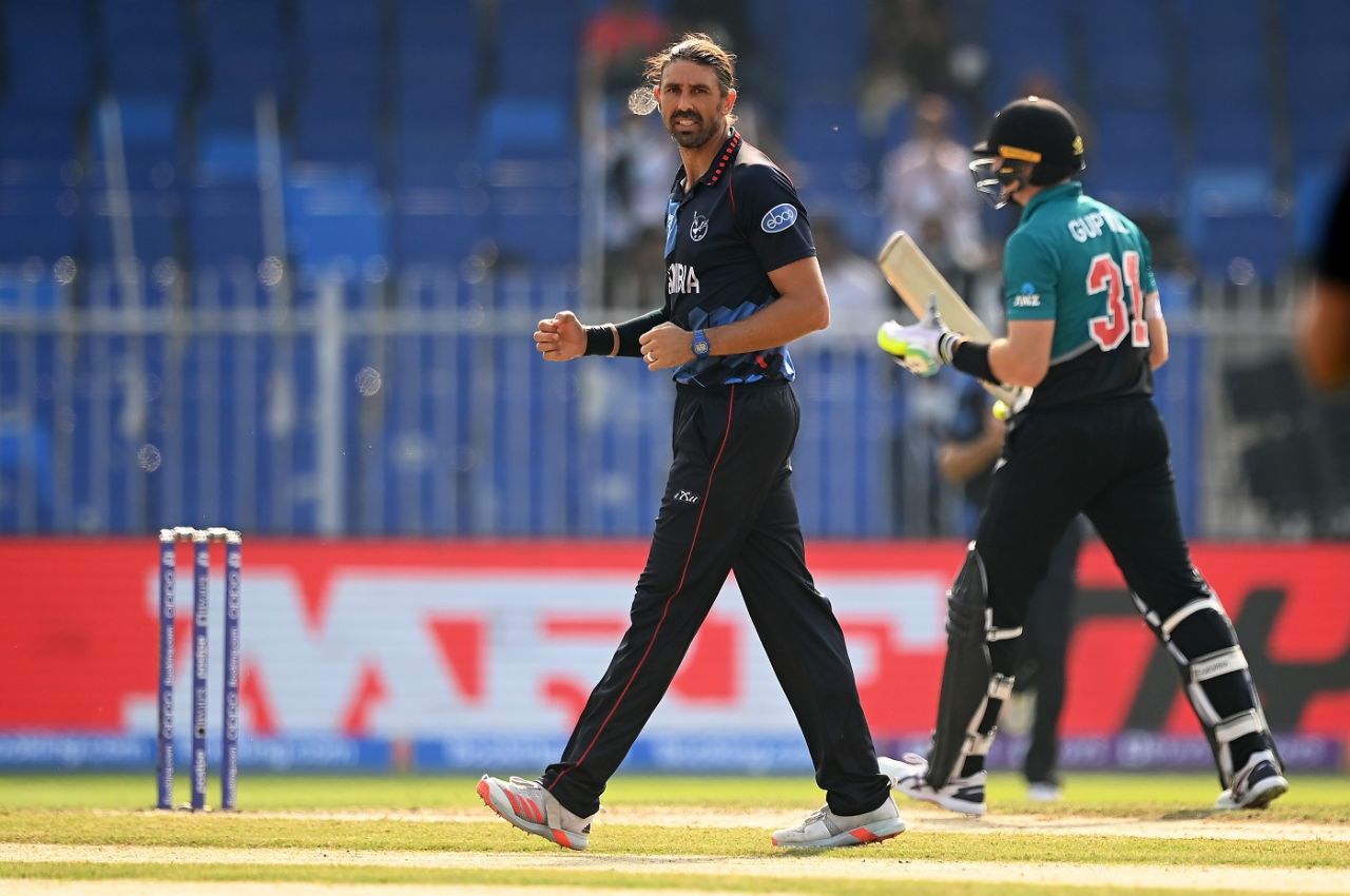 David Wiese after dismissing Martin Guptill, Namibia vs New Zealand, T20 World Cup, Group 2, Sharjah, November 5, 2021