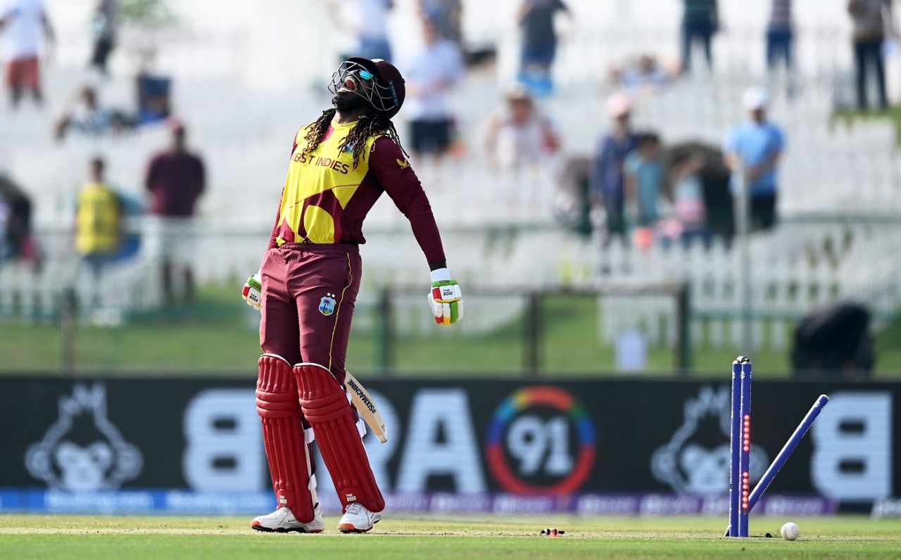 Chris Gayle reacts after being dismissed, Australia vs West Indies, Men's T20 World Cup 2021, Super 12s, Abu Dhabi, November 6, 2021