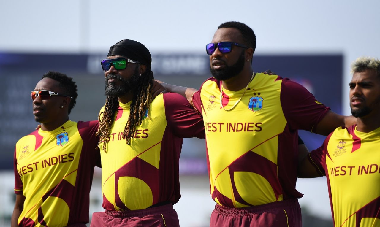 Dwayne Bravo, Chris Gayle and Kieron Pollard sing the West Indies' anthem, Australia vs West Indies, Men's T20 World Cup 2021, Super 12s, Abu Dhabi, November 6, 2021