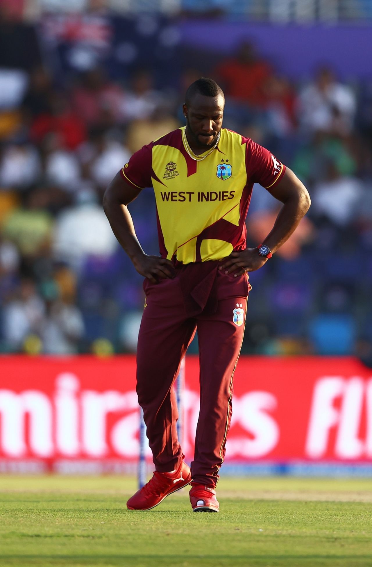 Andre Russell wears a dejected look, Australia vs West Indies, Men's T20 World Cup 2021, Super 12s, Abu Dhabi, November 6, 2021