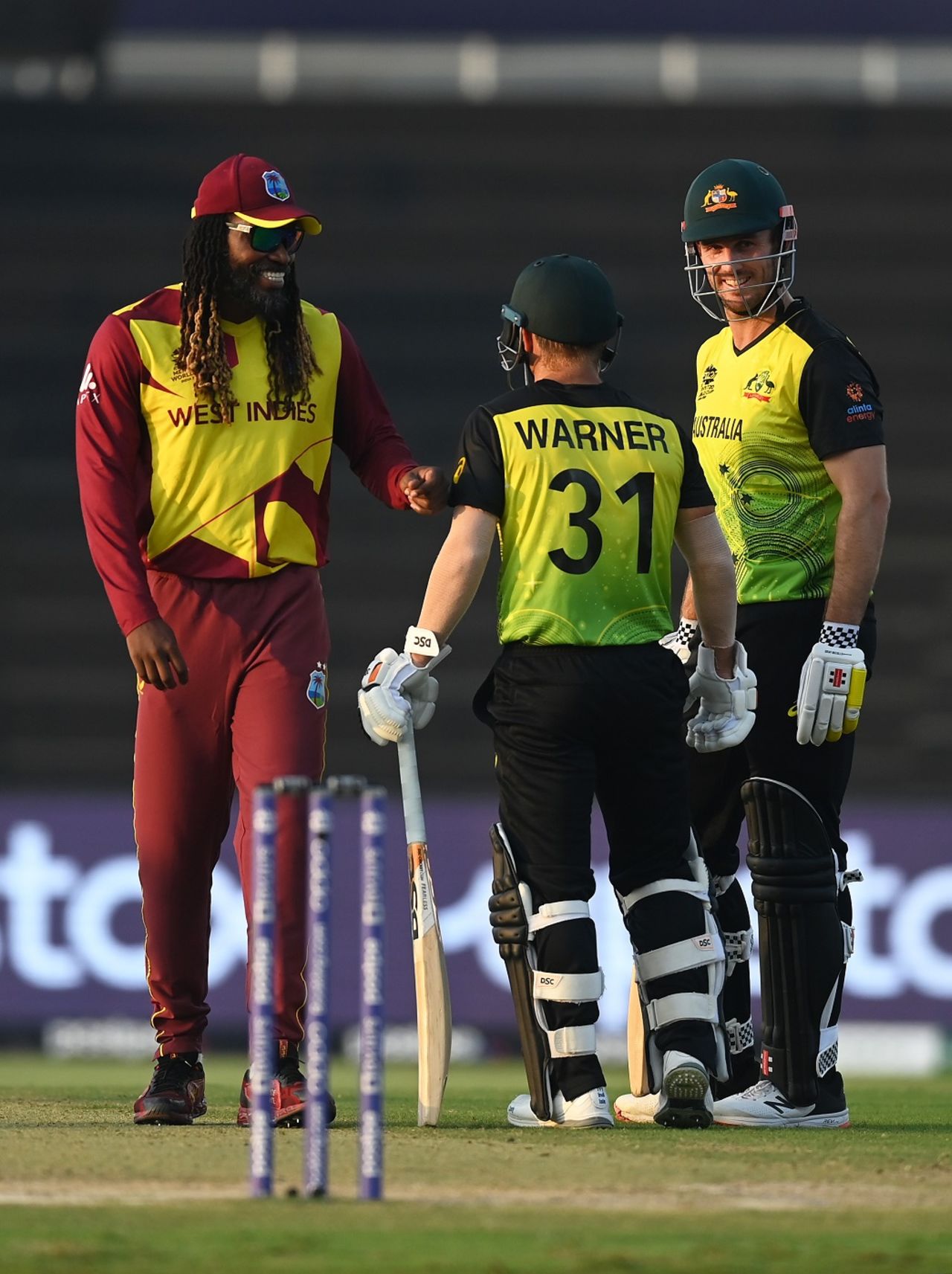 Chris Gayle, Mitchell Marsh and David Warner share a light moment on the field, Australia vs West Indies, Men's T20 World Cup 2021, Super 12s, Abu Dhabi, November 6, 2021