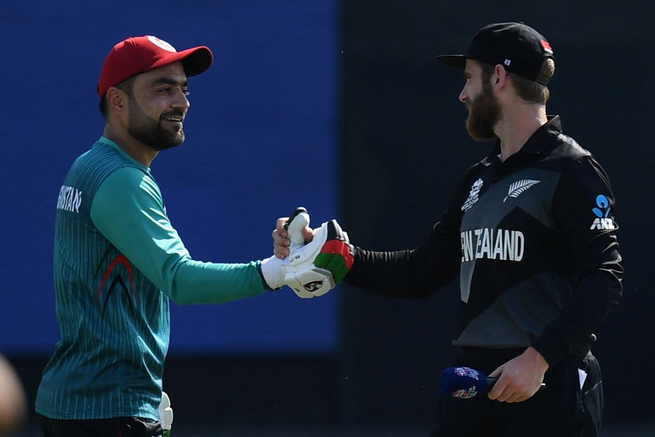 Rashid Khan and Kane Williamson catch up before the match, Afghanistan vs New Zealand, T20 World Cup, Group 2, Abu Dhabi, November 7, 2021