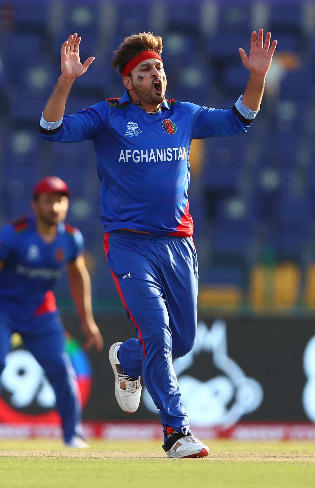 Hamid Hassan reacts after a close shave, Afghanistan vs New Zealand, T20 World Cup, Group 2, Abu Dhabi, November 7, 2021