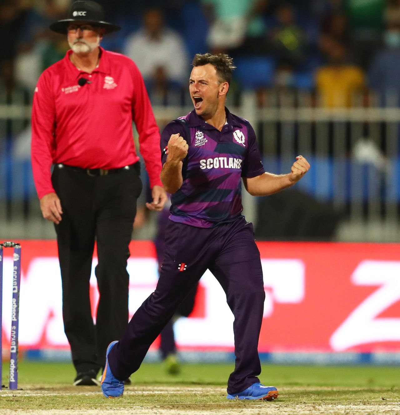 Chris Greaves is pumped after dismissing Fakhar Zaman, Pakistan vs Scotland, T20 World Cup, Group 2, Sharjah, November 7, 2021