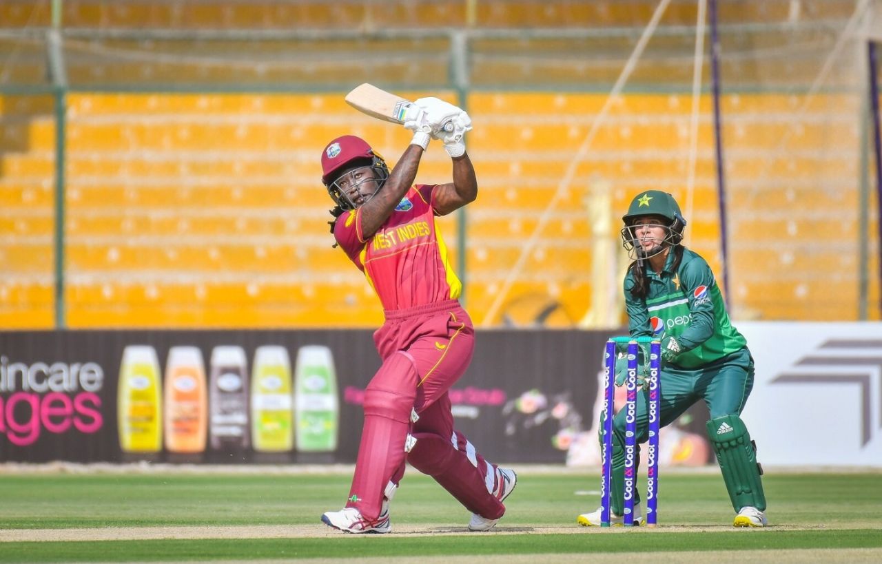 Deandra Dottin plays an aerial shot during her century knock, 1st ODI, Pakistan Women vs West Indies Women, Karachi, November 8, 2021