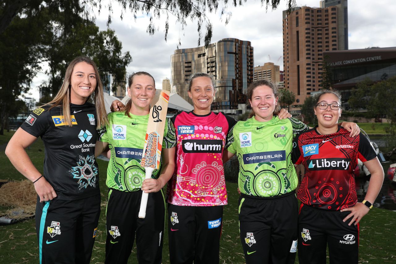 Indigenous players Mikayla Hinkley, Anika Learoyd, Ashleigh Gardner, Hannah Darlington and Ella Hayward during the WBBL First Nations Round Launch, Adelaide, November 8, 2021