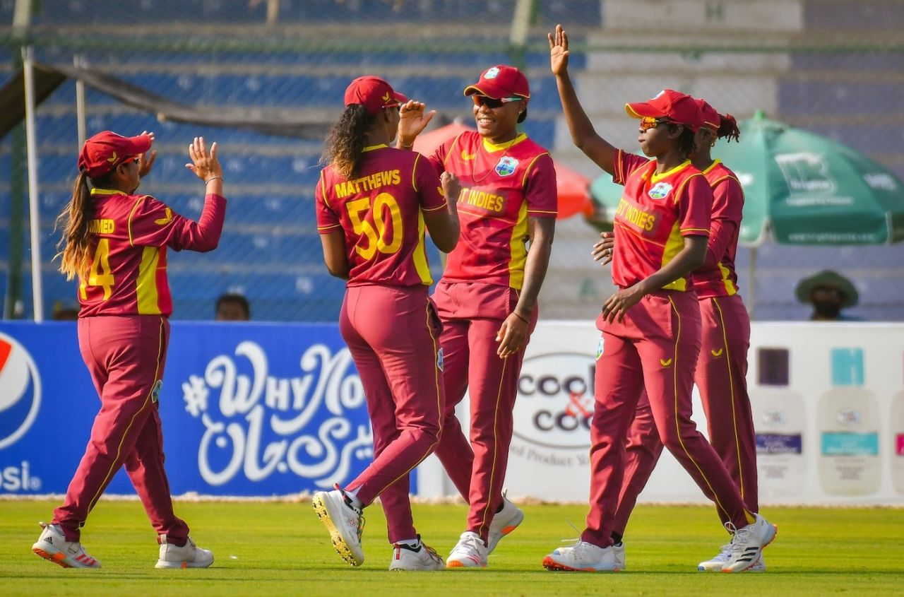 Hayley Matthews celebrates a wicket with her team-mates, Pakistan Women vs West Indies Women, 1st ODI, Karachi, November 8, 2021