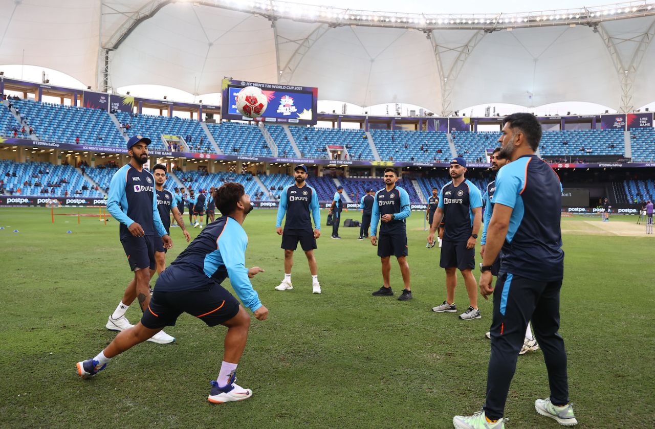 MS Dhoni joins the players for a game of football, India vs Namibia, T20 World Cup, Group 2, Dubai, November 8, 2021