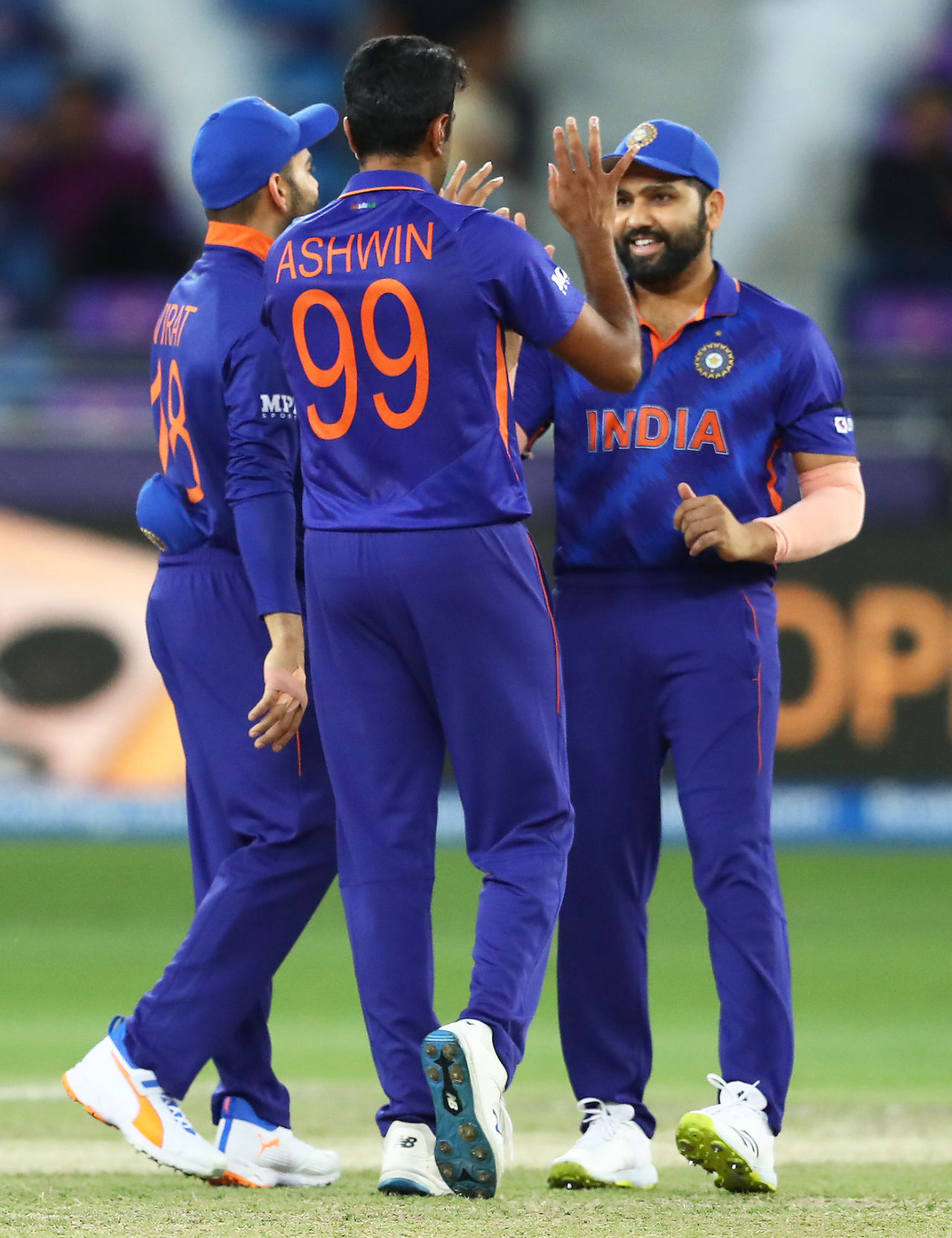 R Ashwin celebrates a wicket with Virat Kohli and Rohit Sharma, India vs Namibia, T20 World Cup, Group 2, Dubai, November 8, 2021