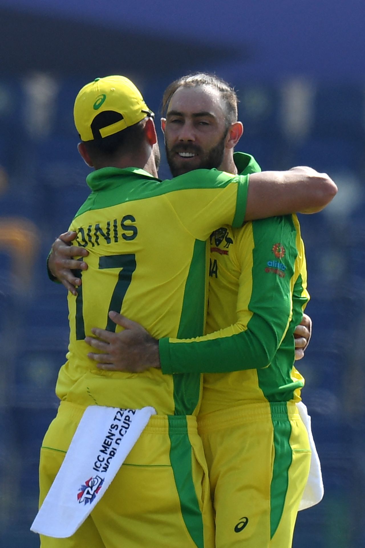 Glenn Maxwell celebrates Temba Bavuma's wicket with Marcus Stoinis, Abu Dhabi, October 23, 2021