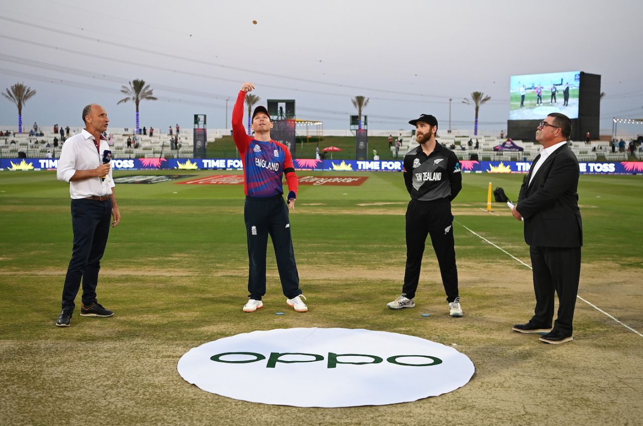 Eoin Morgan tosses the coin ahead of the match, England vs New Zealand, T20 World Cup, 1st semi-final, Abu Dhabi, November 10, 2021