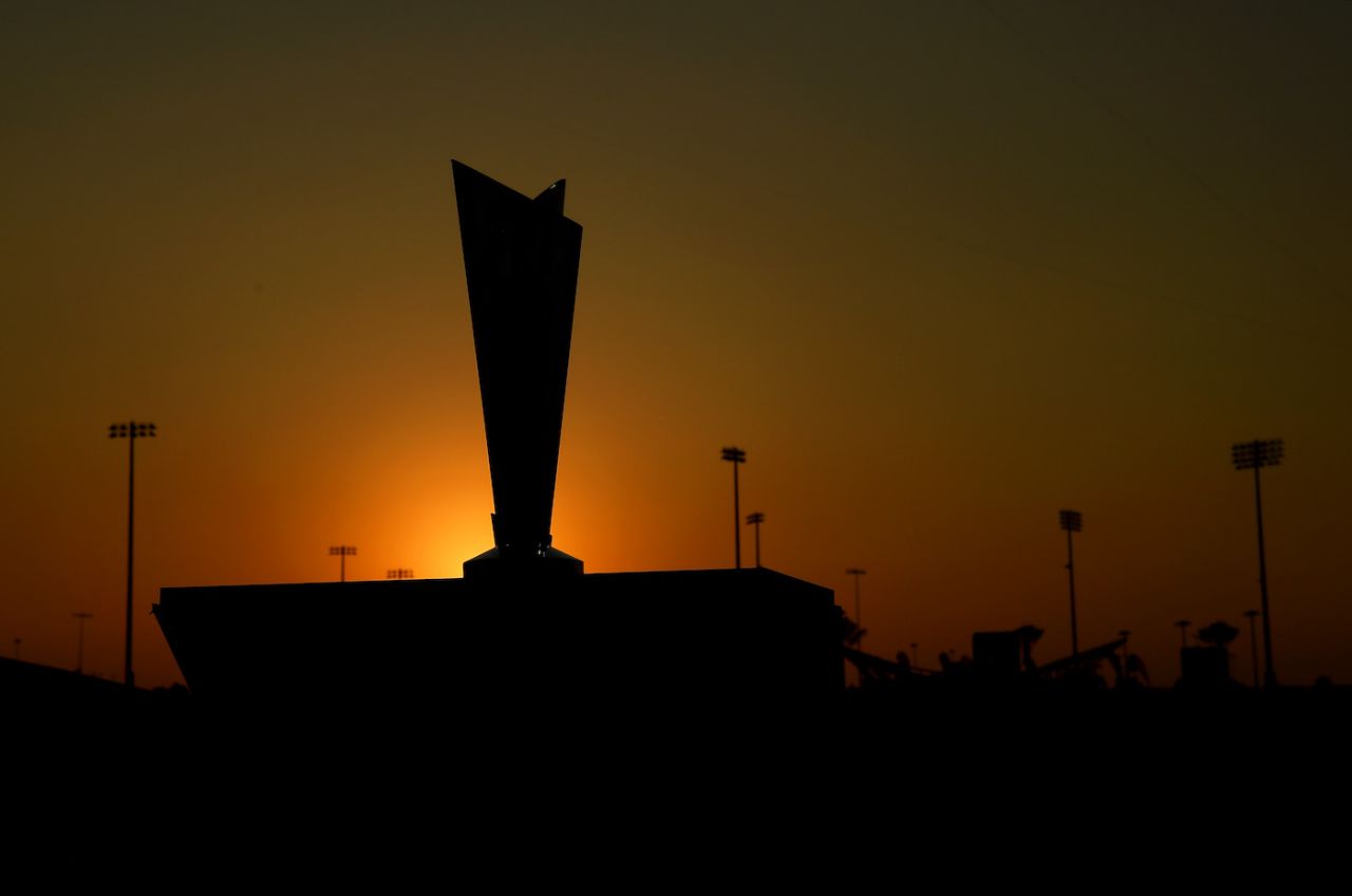 The T20 World Cup trophy, silhouetted against the Abu Dhabi evening sky, England vs New Zealand, T20 World Cup, 1st semi-final, Abu Dhabi, November 10, 2021