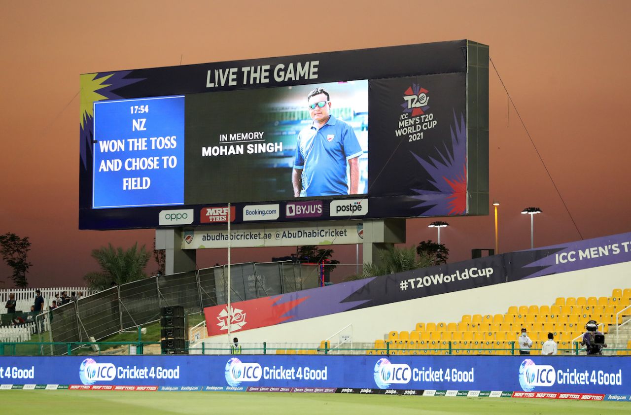 The big screen at the Zayed Cricket Stadium remembers its former head groundsman Mohan Singh, England vs New Zealand, T20 World Cup, 1st semi-final, Abu Dhabi, November 10, 2021
