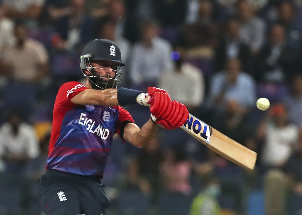 Moeen Ali plays an attacking shot, England vs New Zealand, T20 World Cup, 1st semi-final, Abu Dhabi, November 10, 2021