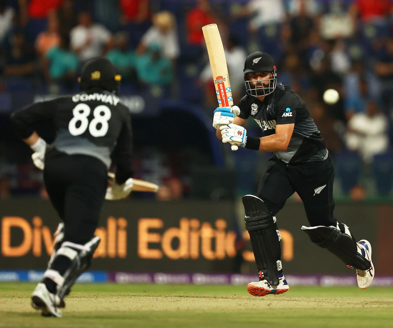 Daryl Mitchell and Devon Conway set off for a run, England vs New Zealand, T20 World Cup, 1st semi-final, Abu Dhabi, November 10, 2021